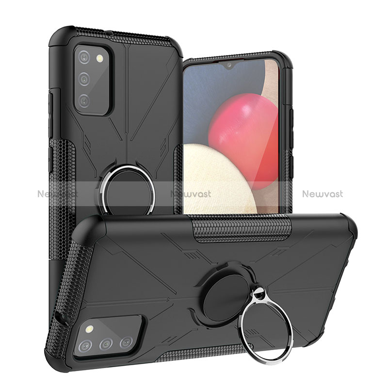 Silicone Matte Finish and Plastic Back Cover Case with Magnetic Finger Ring Stand JX2 for Samsung Galaxy M02s Black