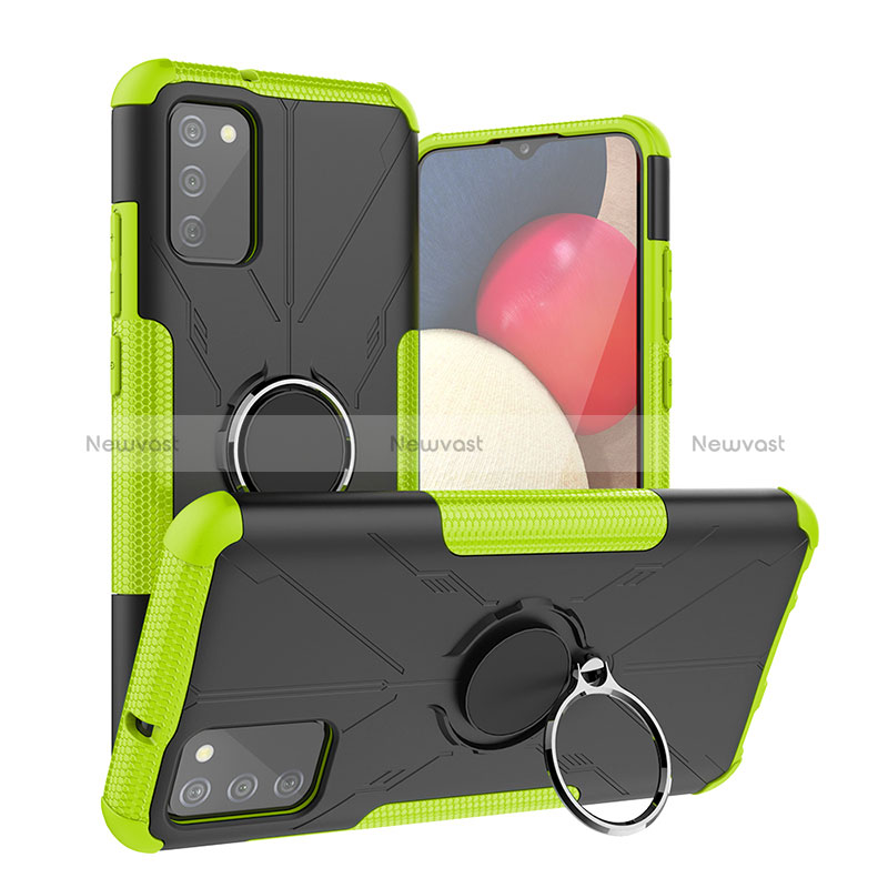 Silicone Matte Finish and Plastic Back Cover Case with Magnetic Finger Ring Stand JX2 for Samsung Galaxy M02s Green