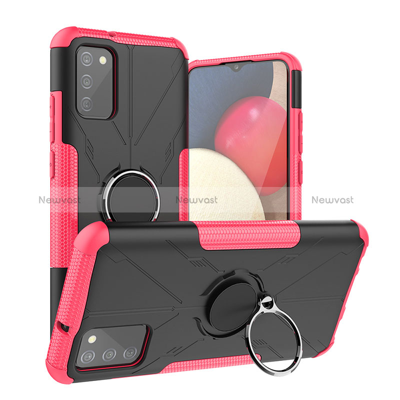 Silicone Matte Finish and Plastic Back Cover Case with Magnetic Finger Ring Stand JX2 for Samsung Galaxy M02s Hot Pink