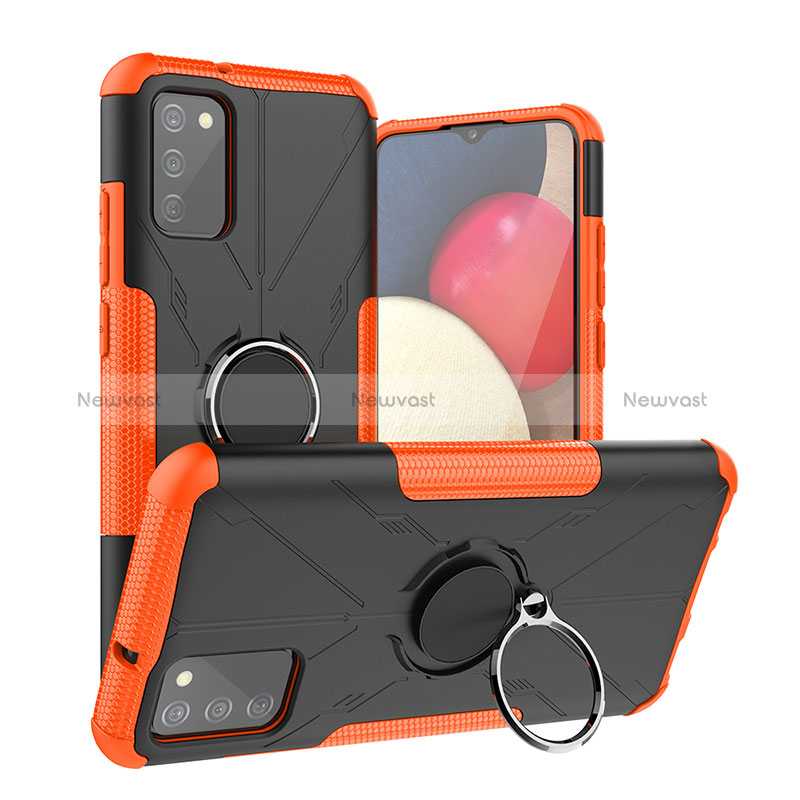 Silicone Matte Finish and Plastic Back Cover Case with Magnetic Finger Ring Stand JX2 for Samsung Galaxy M02s Orange