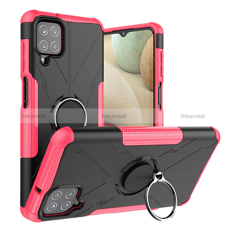 Silicone Matte Finish and Plastic Back Cover Case with Magnetic Finger Ring Stand JX2 for Samsung Galaxy M12 Hot Pink