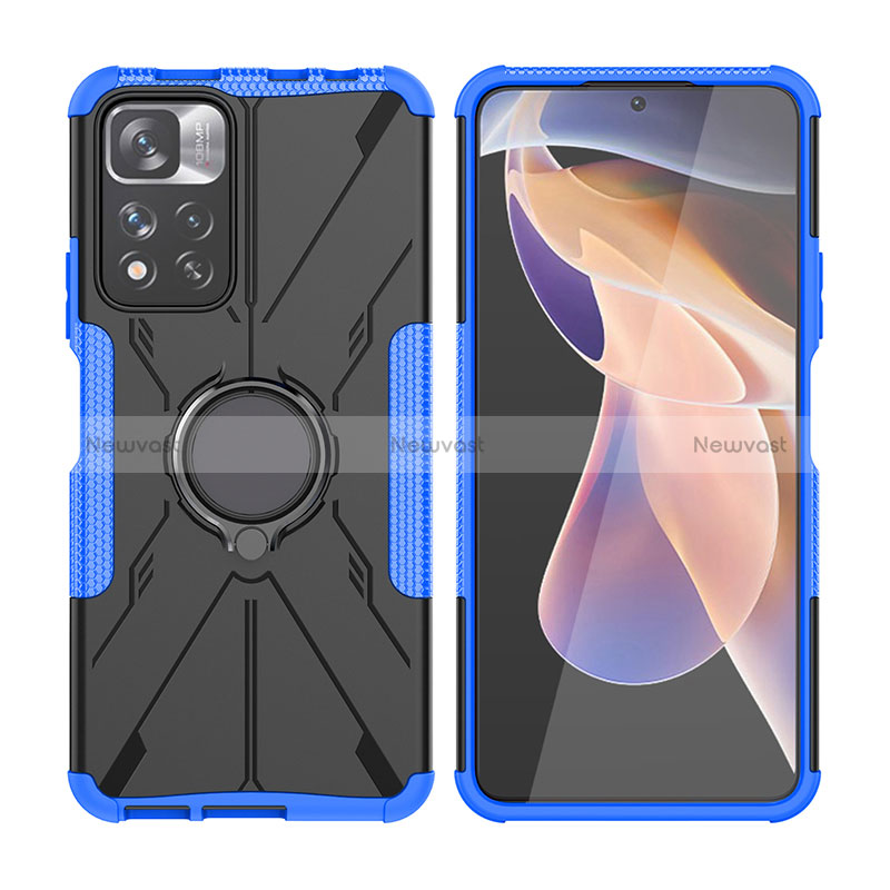 Silicone Matte Finish and Plastic Back Cover Case with Magnetic Finger Ring Stand JX2 for Xiaomi Mi 11i 5G (2022) Blue
