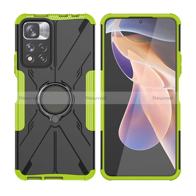 Silicone Matte Finish and Plastic Back Cover Case with Magnetic Finger Ring Stand JX2 for Xiaomi Mi 11i 5G (2022) Green