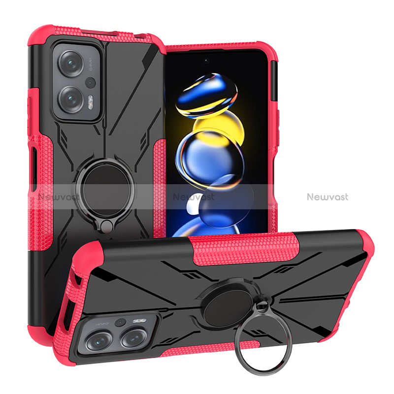 Silicone Matte Finish and Plastic Back Cover Case with Magnetic Finger Ring Stand JX2 for Xiaomi Poco X4 GT 5G Hot Pink