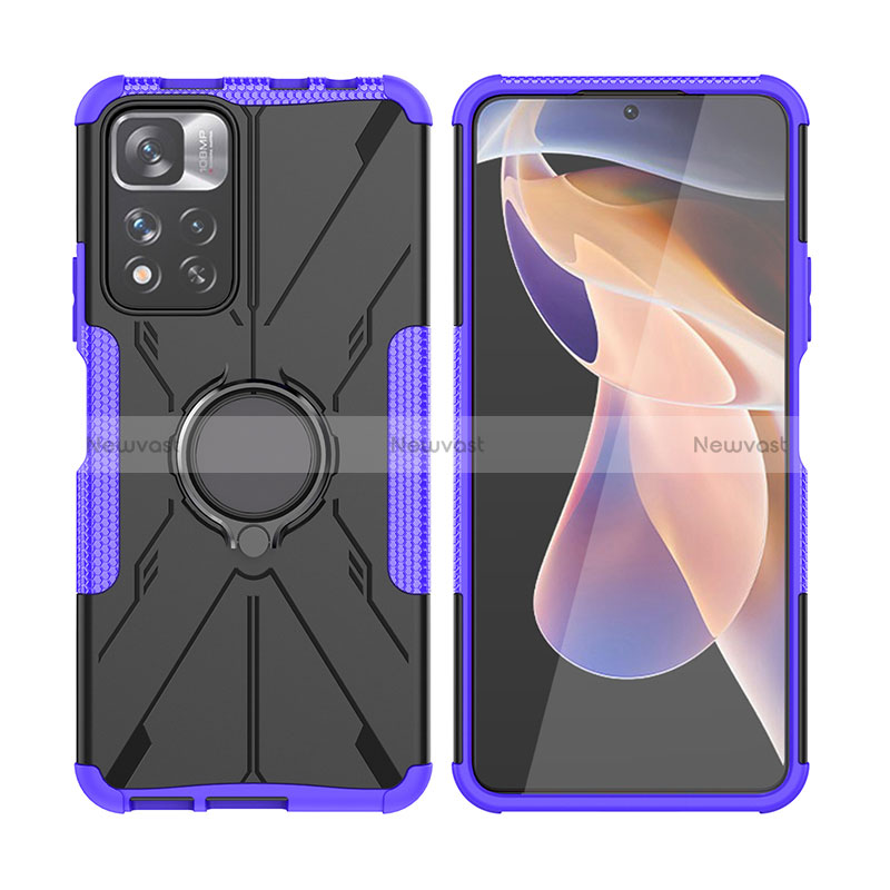 Silicone Matte Finish and Plastic Back Cover Case with Magnetic Finger Ring Stand JX2 for Xiaomi Poco X4 NFC Purple