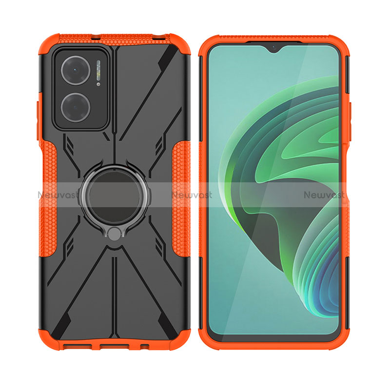 Silicone Matte Finish and Plastic Back Cover Case with Magnetic Finger Ring Stand JX2 for Xiaomi Redmi 10 5G Orange