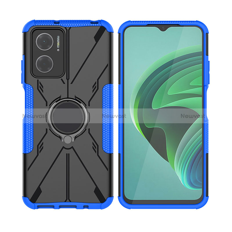 Silicone Matte Finish and Plastic Back Cover Case with Magnetic Finger Ring Stand JX2 for Xiaomi Redmi 11 Prime 5G Blue