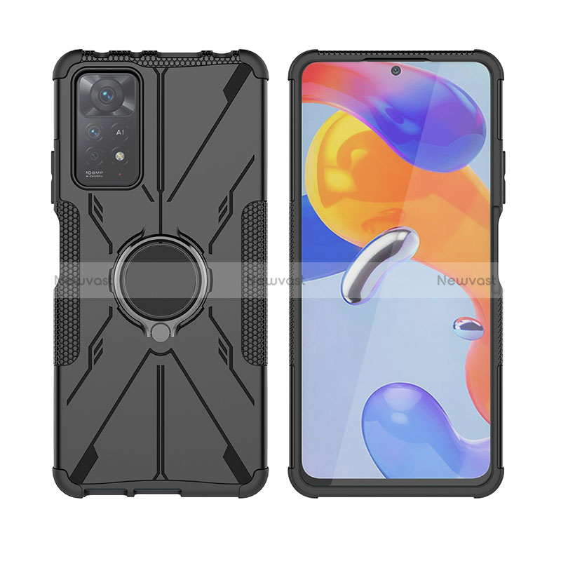 Silicone Matte Finish and Plastic Back Cover Case with Magnetic Finger Ring Stand JX2 for Xiaomi Redmi Note 11 Pro 4G