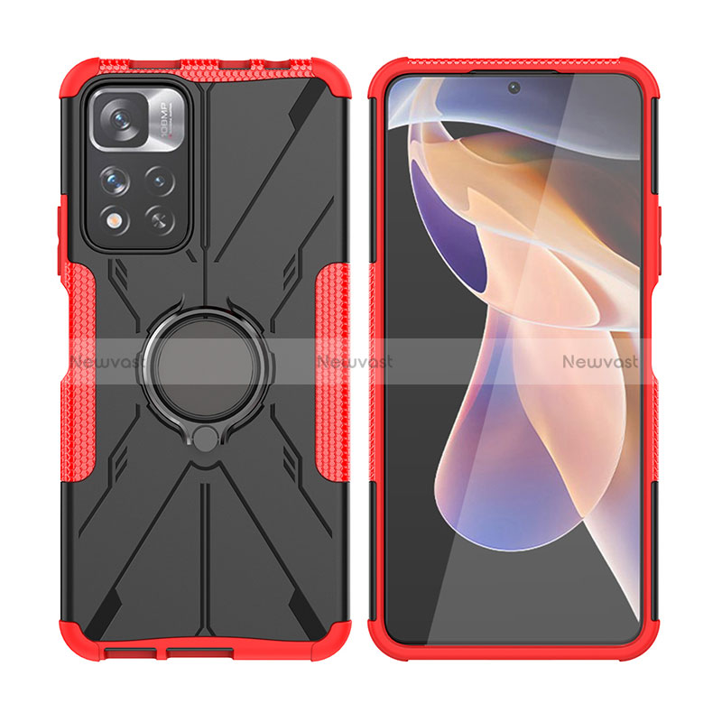 Silicone Matte Finish and Plastic Back Cover Case with Magnetic Finger Ring Stand JX2 for Xiaomi Redmi Note 11 Pro+ Plus 5G Hot Pink