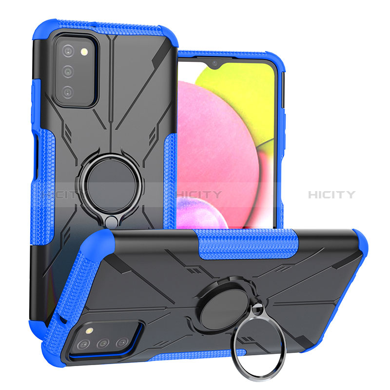 Silicone Matte Finish and Plastic Back Cover Case with Magnetic Finger Ring Stand JX3 for Samsung Galaxy A03s Blue