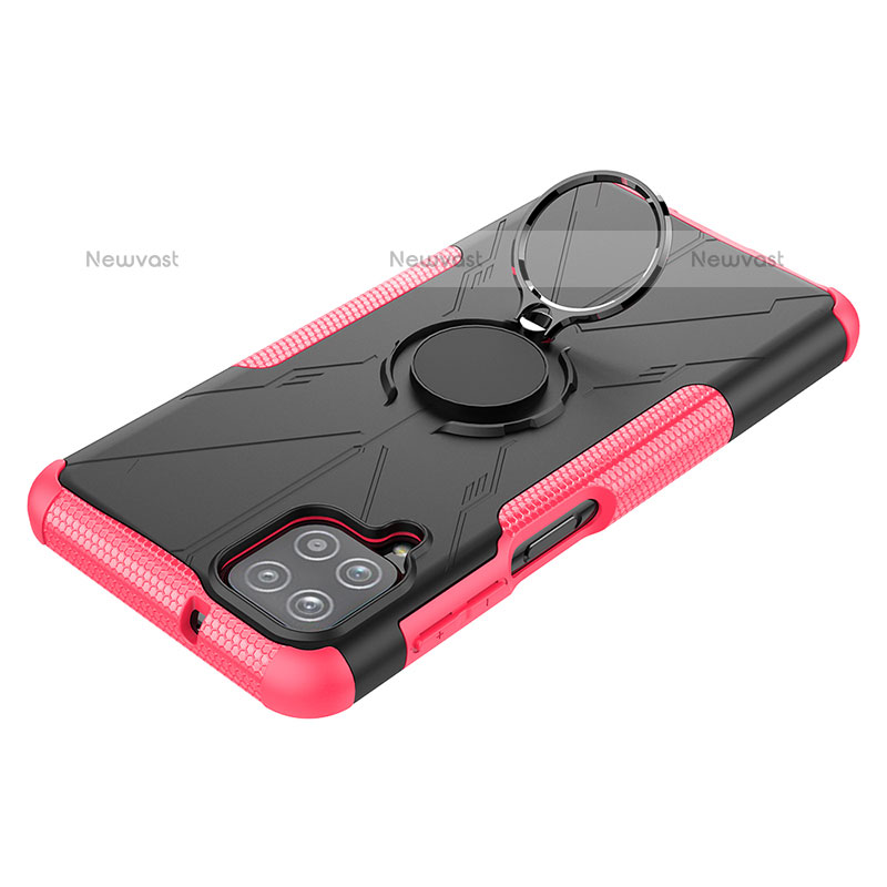 Silicone Matte Finish and Plastic Back Cover Case with Magnetic Finger Ring Stand JX3 for Samsung Galaxy A12 Hot Pink