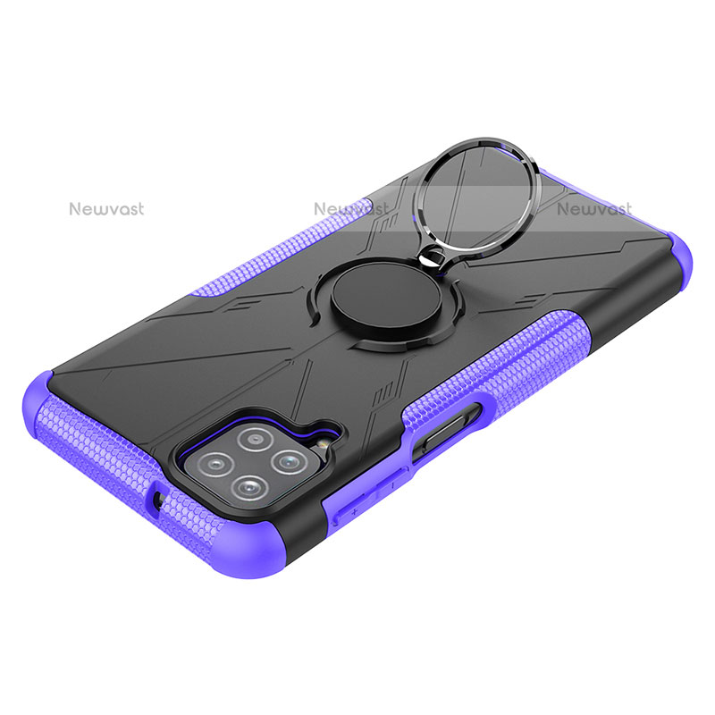 Silicone Matte Finish and Plastic Back Cover Case with Magnetic Finger Ring Stand JX3 for Samsung Galaxy A12 Purple