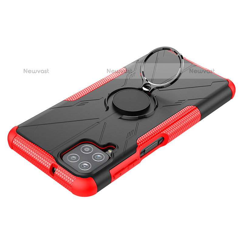 Silicone Matte Finish and Plastic Back Cover Case with Magnetic Finger Ring Stand JX3 for Samsung Galaxy A12 Red