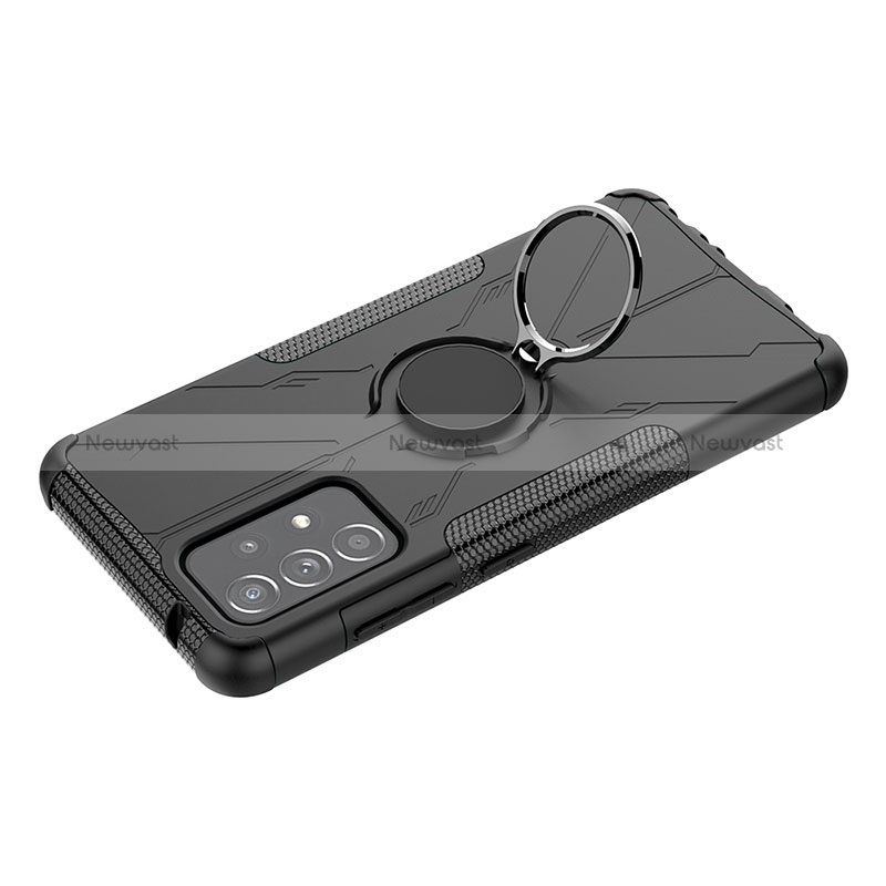 Silicone Matte Finish and Plastic Back Cover Case with Magnetic Finger Ring Stand JX3 for Samsung Galaxy A52 5G Black