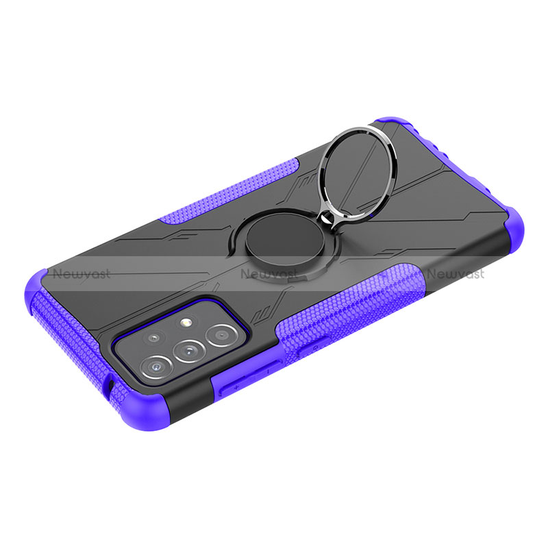 Silicone Matte Finish and Plastic Back Cover Case with Magnetic Finger Ring Stand JX3 for Samsung Galaxy A52 5G Purple