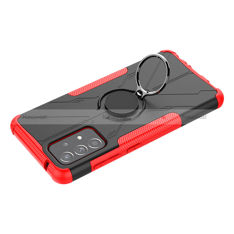 Silicone Matte Finish and Plastic Back Cover Case with Magnetic Finger Ring Stand JX3 for Samsung Galaxy A52 5G Red