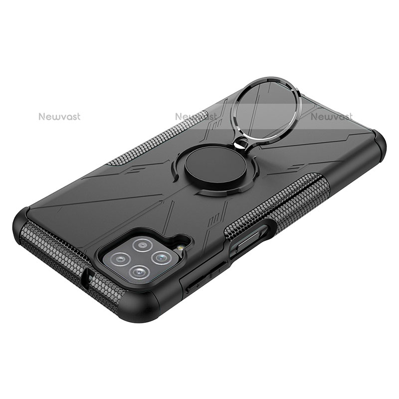 Silicone Matte Finish and Plastic Back Cover Case with Magnetic Finger Ring Stand JX3 for Samsung Galaxy F12 Black