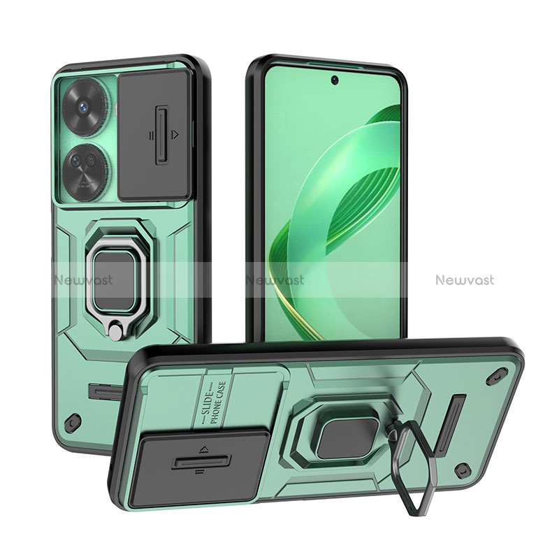 Silicone Matte Finish and Plastic Back Cover Case with Magnetic Finger Ring Stand K2C for Huawei Nova 11 SE Green