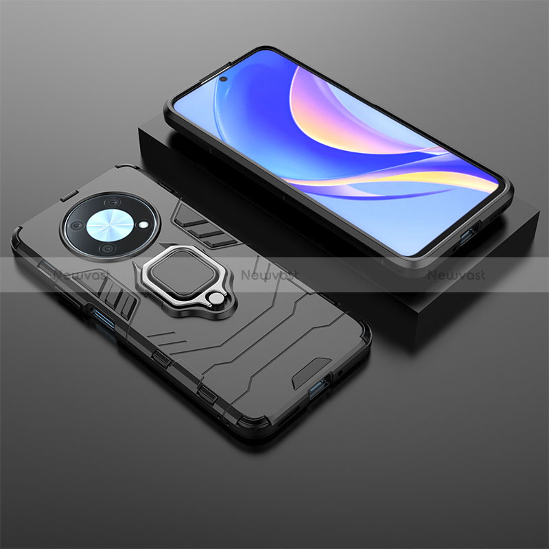 Silicone Matte Finish and Plastic Back Cover Case with Magnetic Finger Ring Stand KC1 for Huawei Enjoy 50 Pro Black