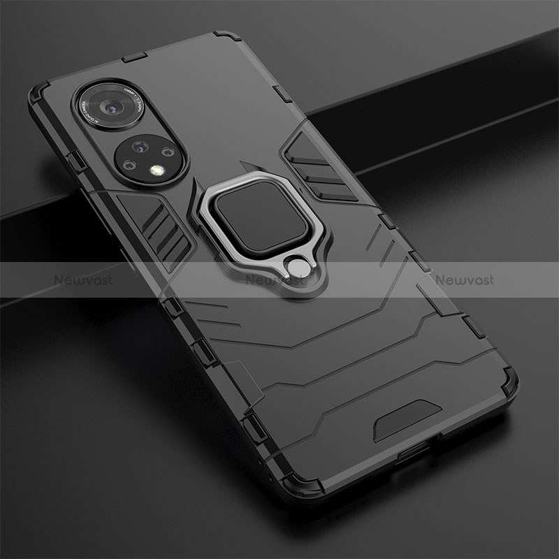 Silicone Matte Finish and Plastic Back Cover Case with Magnetic Finger Ring Stand KC1 for Huawei Honor 50 Pro 5G