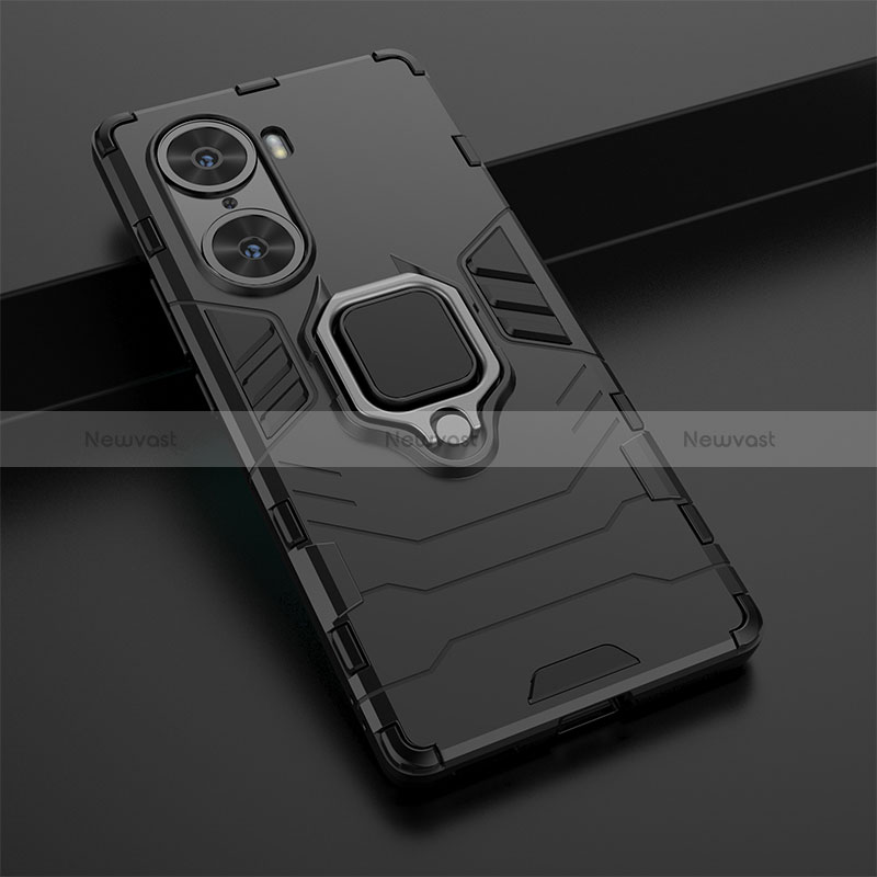 Silicone Matte Finish and Plastic Back Cover Case with Magnetic Finger Ring Stand KC1 for Huawei Honor 60 5G