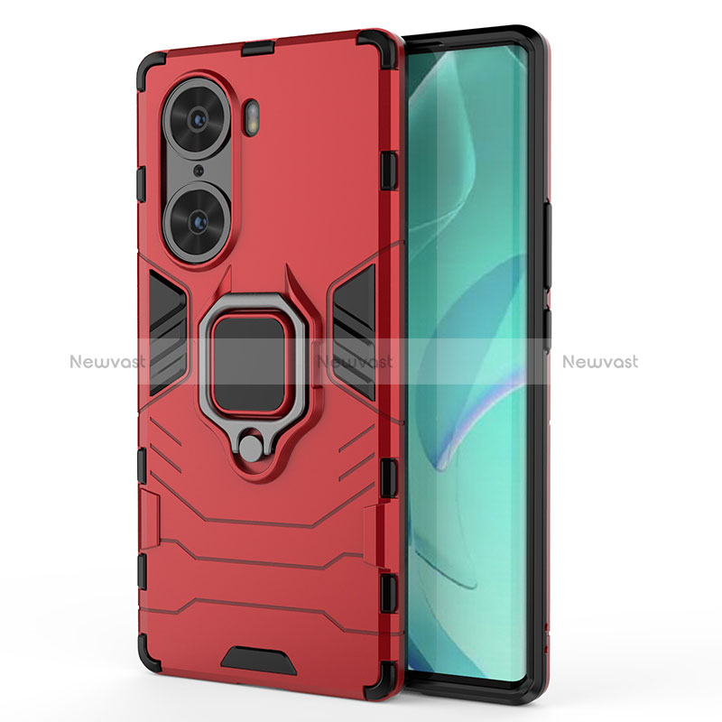 Silicone Matte Finish and Plastic Back Cover Case with Magnetic Finger Ring Stand KC1 for Huawei Honor 60 5G Red