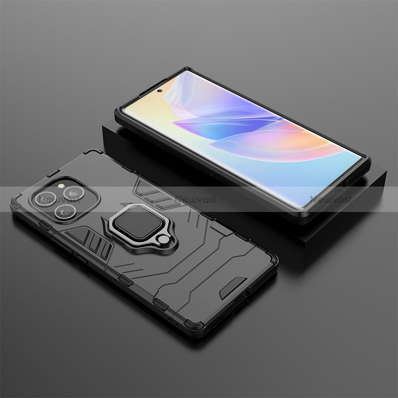 Silicone Matte Finish and Plastic Back Cover Case with Magnetic Finger Ring Stand KC1 for Huawei Honor 60 SE 5G Black