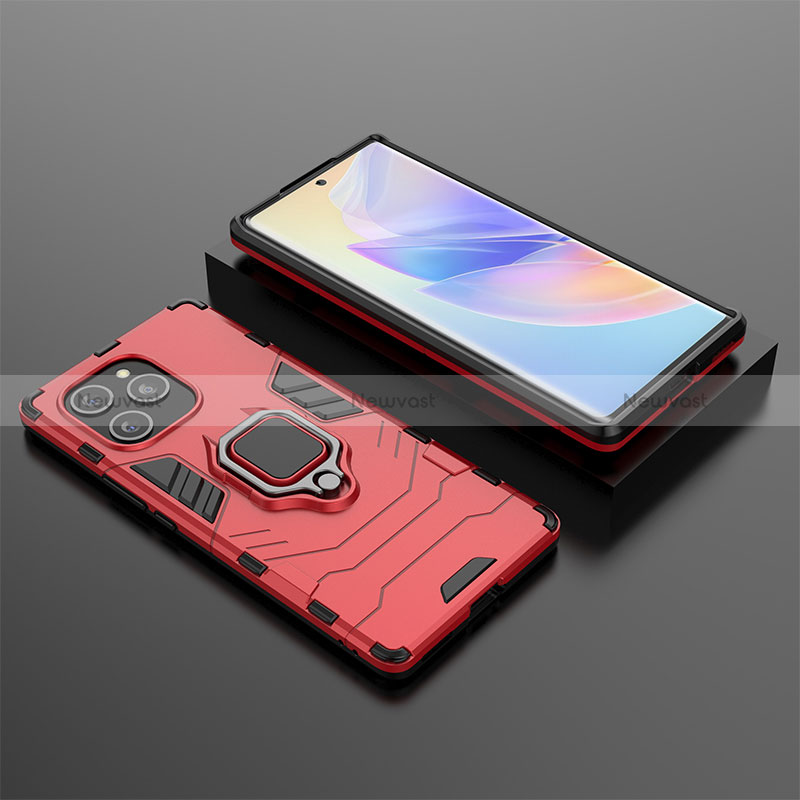 Silicone Matte Finish and Plastic Back Cover Case with Magnetic Finger Ring Stand KC1 for Huawei Honor 60 SE 5G Red