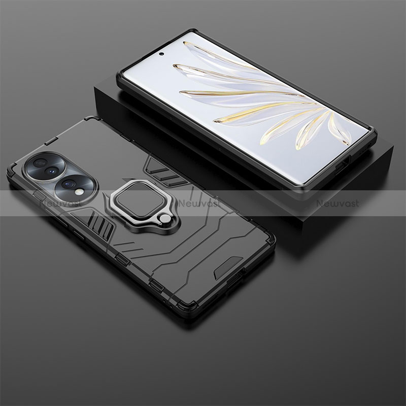 Silicone Matte Finish and Plastic Back Cover Case with Magnetic Finger Ring Stand KC1 for Huawei Honor 70 5G Black