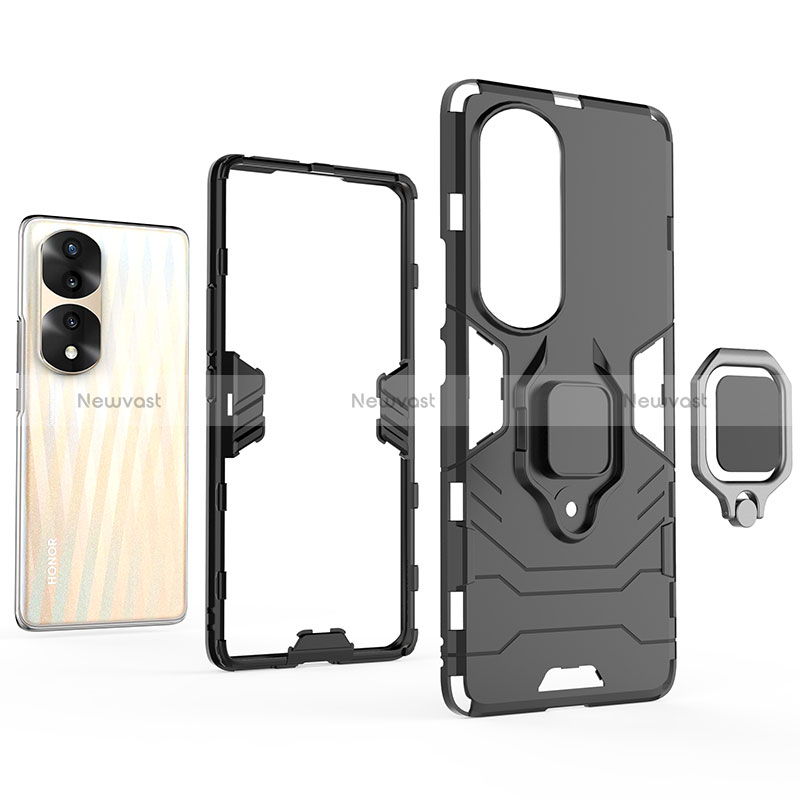 Silicone Matte Finish and Plastic Back Cover Case with Magnetic Finger Ring Stand KC1 for Huawei Honor 70 Pro 5G