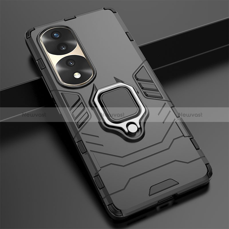 Silicone Matte Finish and Plastic Back Cover Case with Magnetic Finger Ring Stand KC1 for Huawei Honor 70 Pro 5G