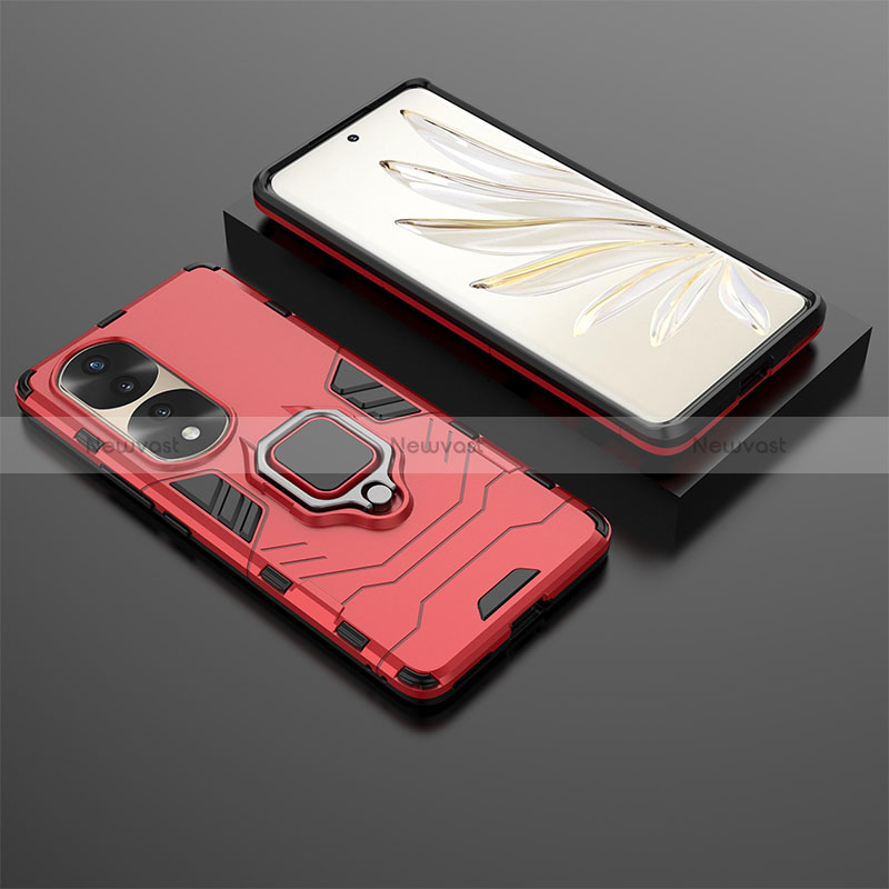 Silicone Matte Finish and Plastic Back Cover Case with Magnetic Finger Ring Stand KC1 for Huawei Honor 70 Pro 5G Red