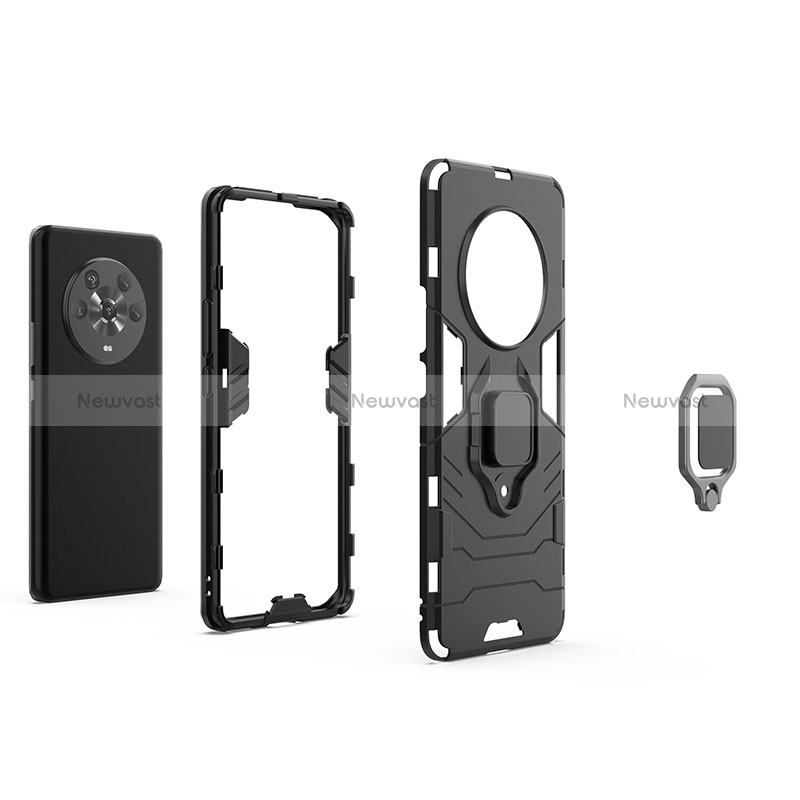 Silicone Matte Finish and Plastic Back Cover Case with Magnetic Finger Ring Stand KC1 for Huawei Honor Magic4 5G