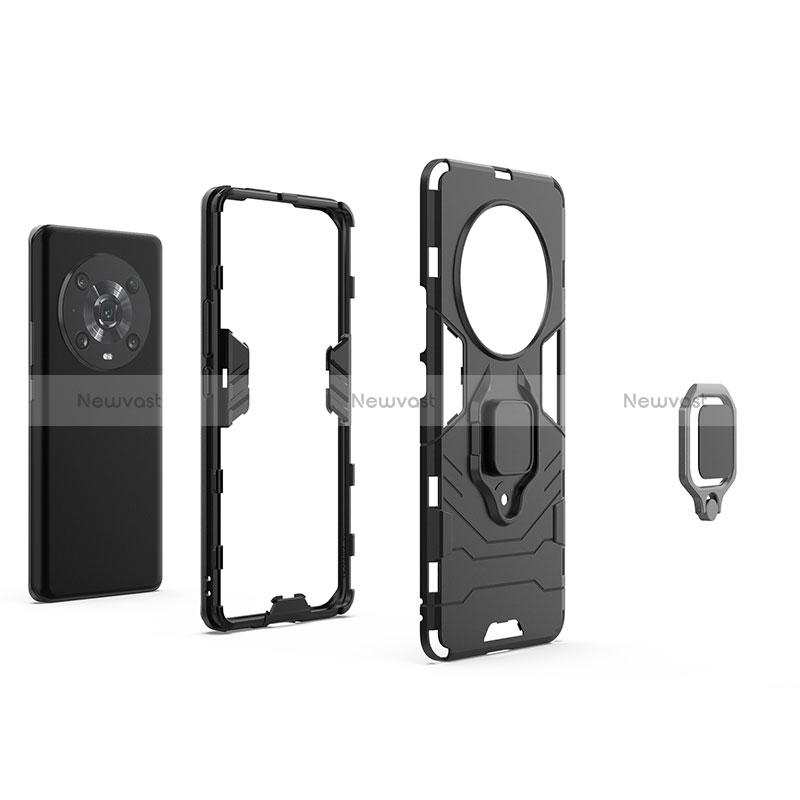 Silicone Matte Finish and Plastic Back Cover Case with Magnetic Finger Ring Stand KC1 for Huawei Honor Magic4 Pro 5G