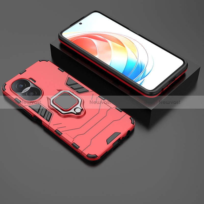 Silicone Matte Finish and Plastic Back Cover Case with Magnetic Finger Ring Stand KC1 for Huawei Honor X40i 5G Red