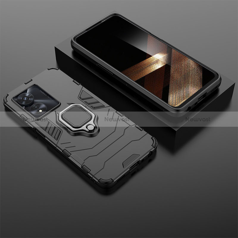 Silicone Matte Finish and Plastic Back Cover Case with Magnetic Finger Ring Stand KC1 for Huawei Honor X5 Plus Black