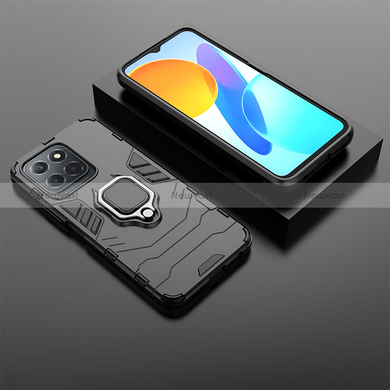 Silicone Matte Finish and Plastic Back Cover Case with Magnetic Finger Ring Stand KC1 for Huawei Honor X8a 5G Black