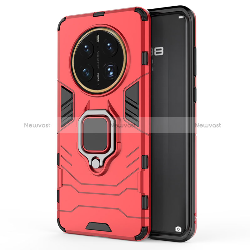 Silicone Matte Finish and Plastic Back Cover Case with Magnetic Finger Ring Stand KC1 for Huawei Mate 50 Pro Red