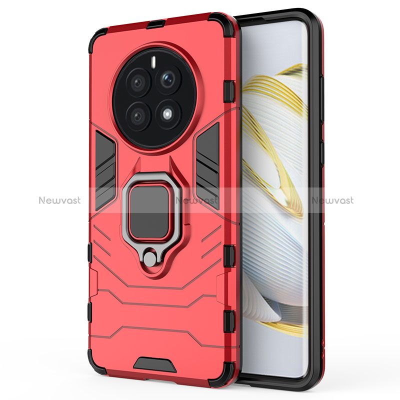 Silicone Matte Finish and Plastic Back Cover Case with Magnetic Finger Ring Stand KC1 for Huawei Mate 50 Red