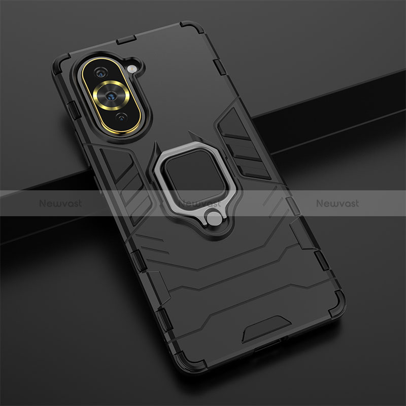 Silicone Matte Finish and Plastic Back Cover Case with Magnetic Finger Ring Stand KC1 for Huawei Nova 10