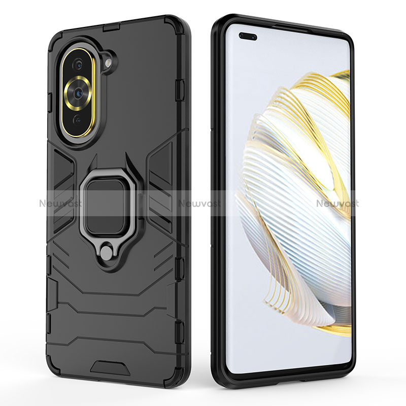 Silicone Matte Finish and Plastic Back Cover Case with Magnetic Finger Ring Stand KC1 for Huawei Nova 10 Pro