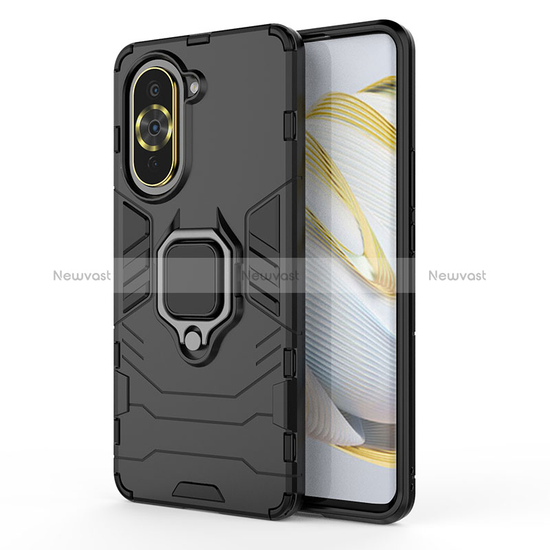 Silicone Matte Finish and Plastic Back Cover Case with Magnetic Finger Ring Stand KC1 for Huawei Nova 10 Pro Black