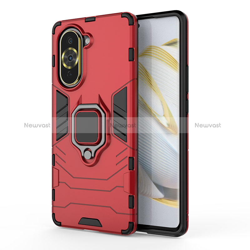 Silicone Matte Finish and Plastic Back Cover Case with Magnetic Finger Ring Stand KC1 for Huawei Nova 10 Red