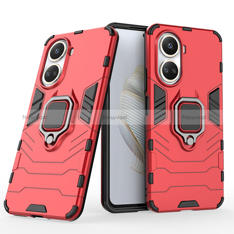 Silicone Matte Finish and Plastic Back Cover Case with Magnetic Finger Ring Stand KC1 for Huawei Nova 10 SE