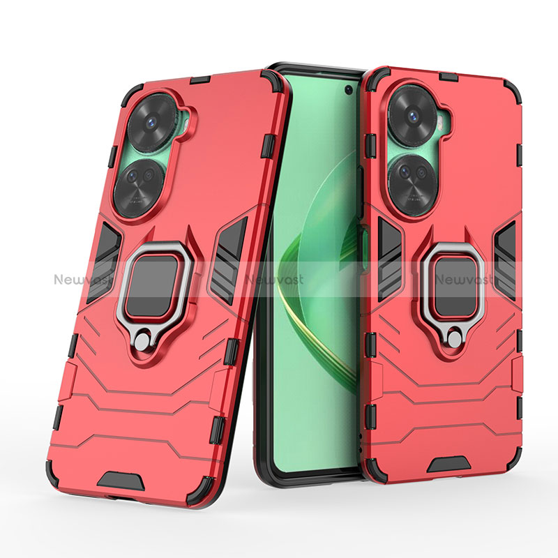 Silicone Matte Finish and Plastic Back Cover Case with Magnetic Finger Ring Stand KC1 for Huawei Nova 11 SE