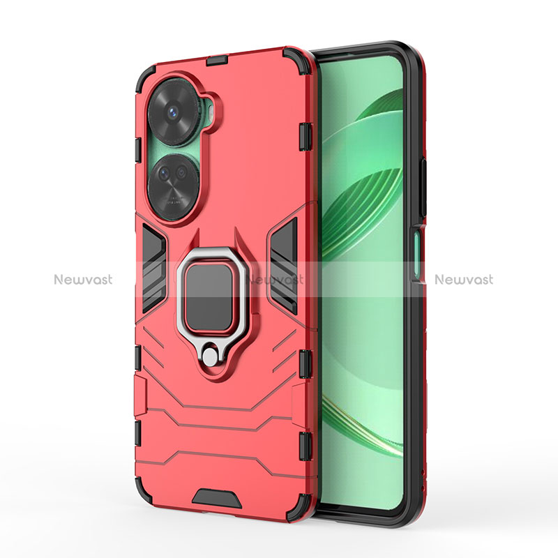 Silicone Matte Finish and Plastic Back Cover Case with Magnetic Finger Ring Stand KC1 for Huawei Nova 11 SE Red