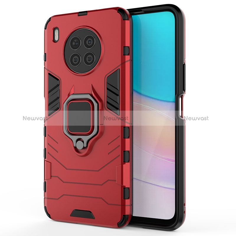 Silicone Matte Finish and Plastic Back Cover Case with Magnetic Finger Ring Stand KC1 for Huawei Nova 8i Red