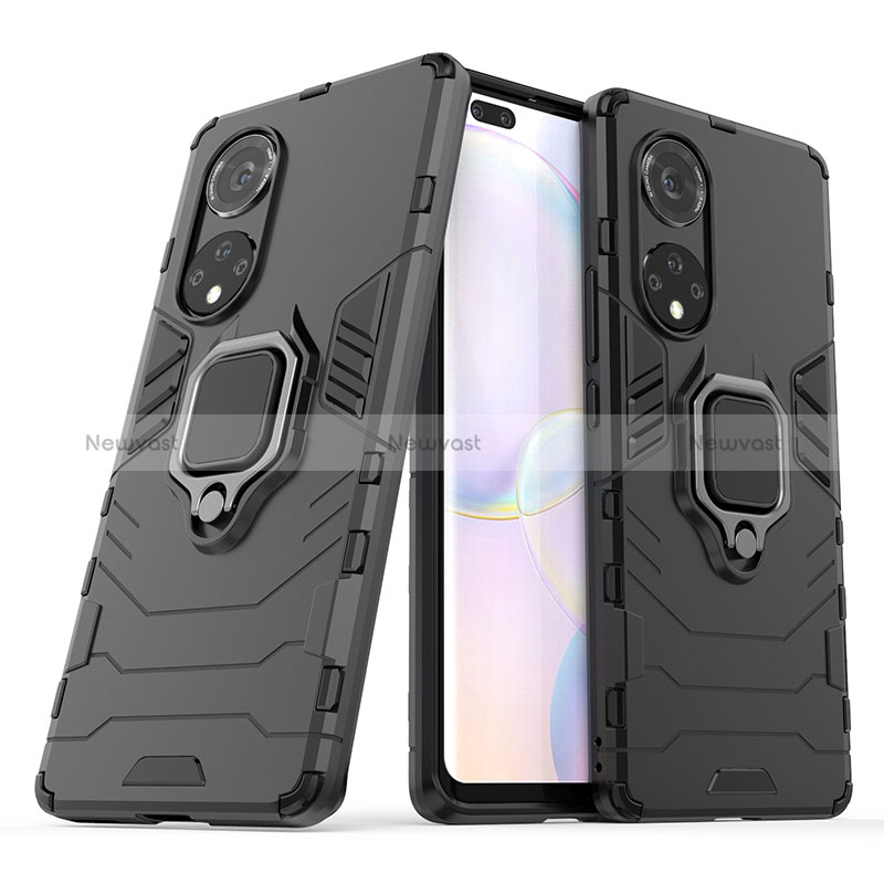 Silicone Matte Finish and Plastic Back Cover Case with Magnetic Finger Ring Stand KC1 for Huawei Nova 9 Pro Black