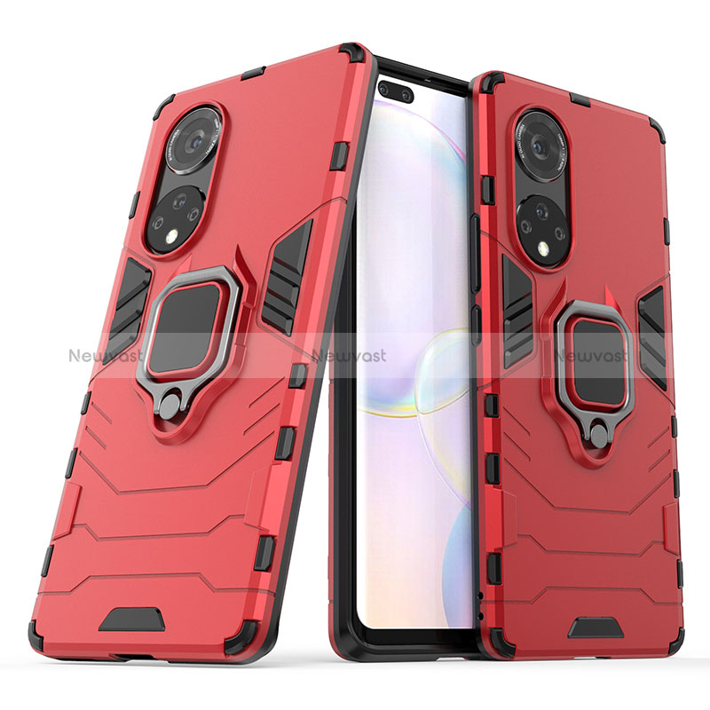 Silicone Matte Finish and Plastic Back Cover Case with Magnetic Finger Ring Stand KC1 for Huawei Nova 9 Pro Red