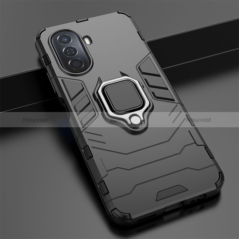 Silicone Matte Finish and Plastic Back Cover Case with Magnetic Finger Ring Stand KC1 for Huawei Nova Y70